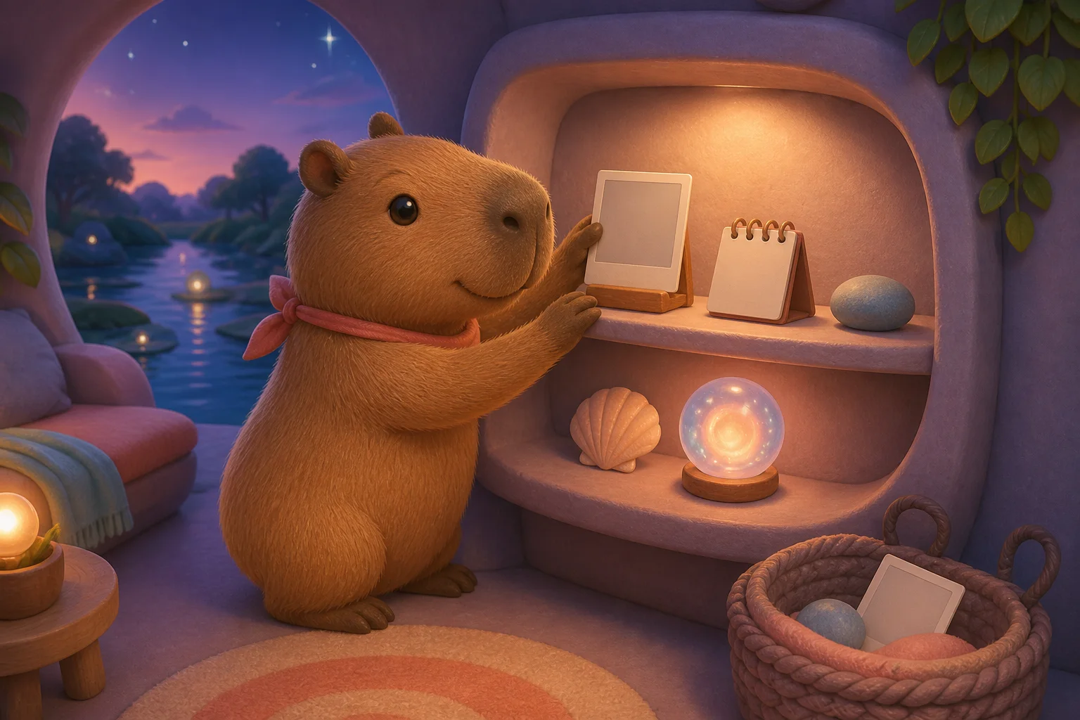 Cappy choosing visible keepsakes for a softly lit memory shelf with a removal basket nearby