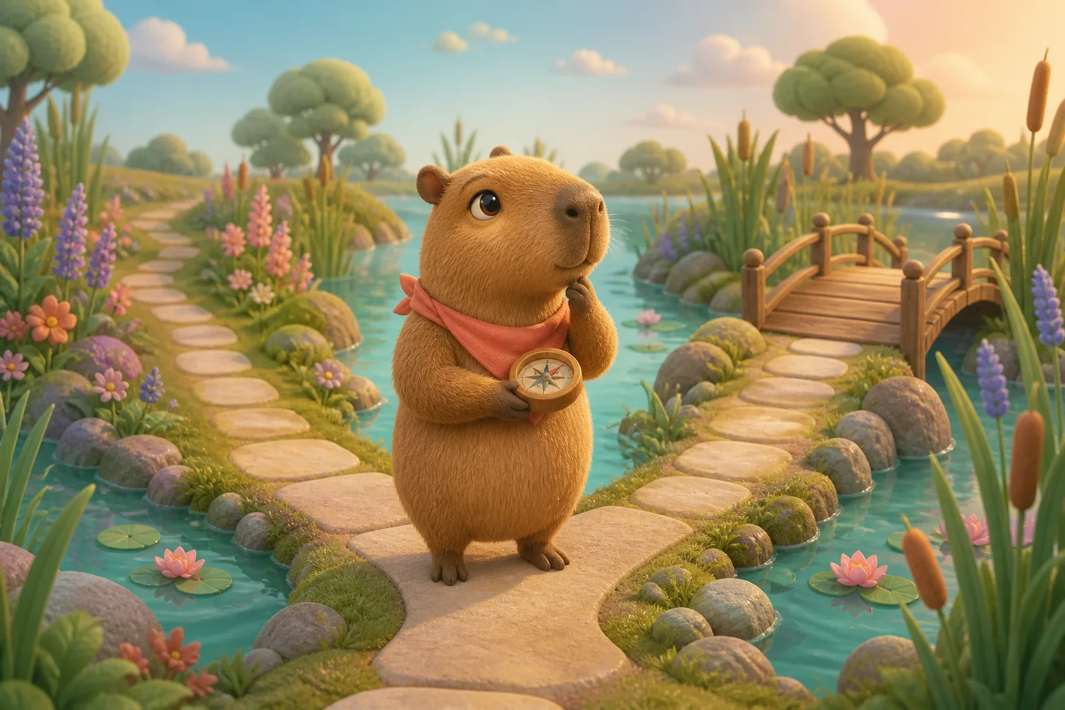 Cappy holding a compass where two gentle stepping-stone paths meet in a pond garden