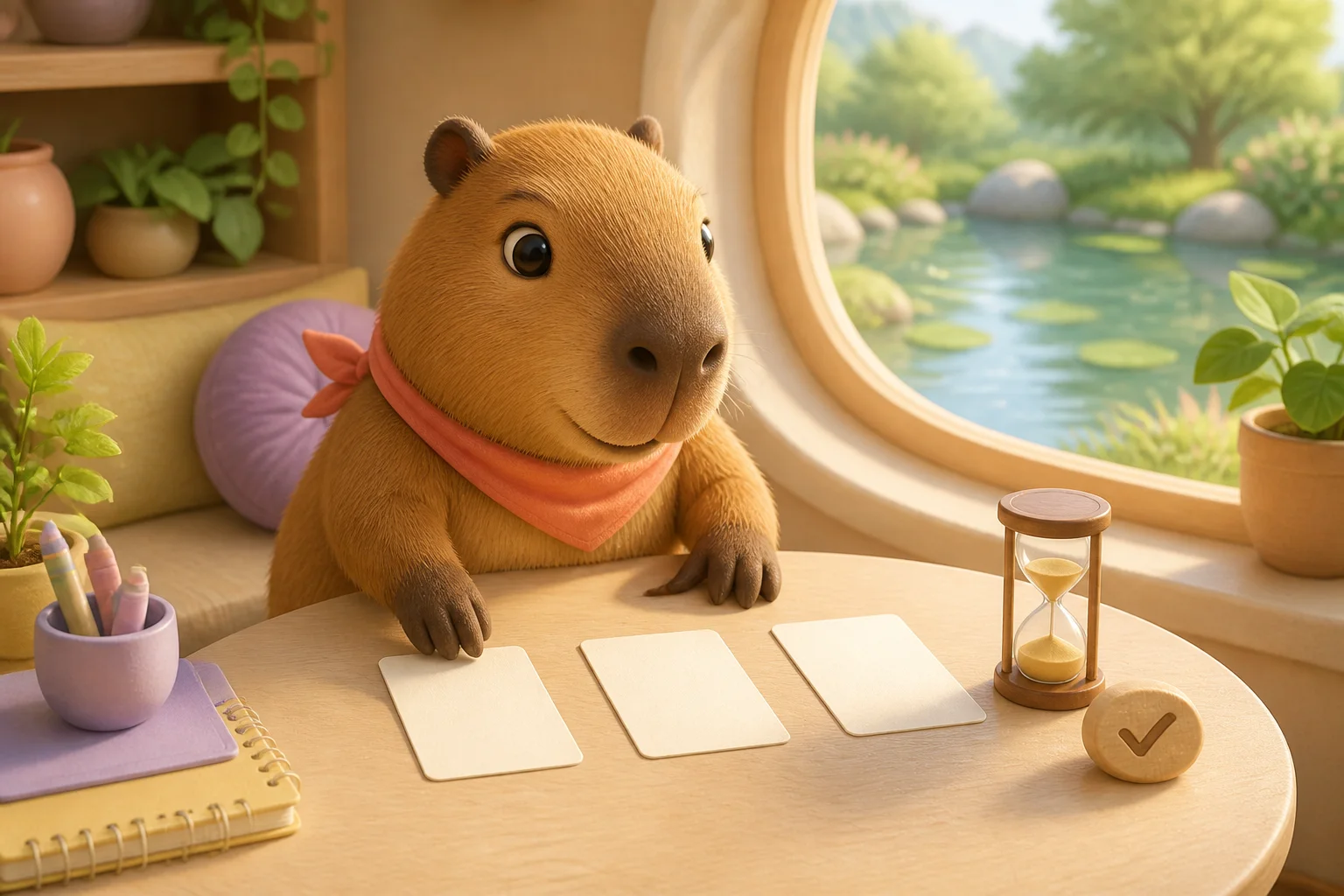 Cappy arranging three blank task cards beside an hourglass and a completed-task token