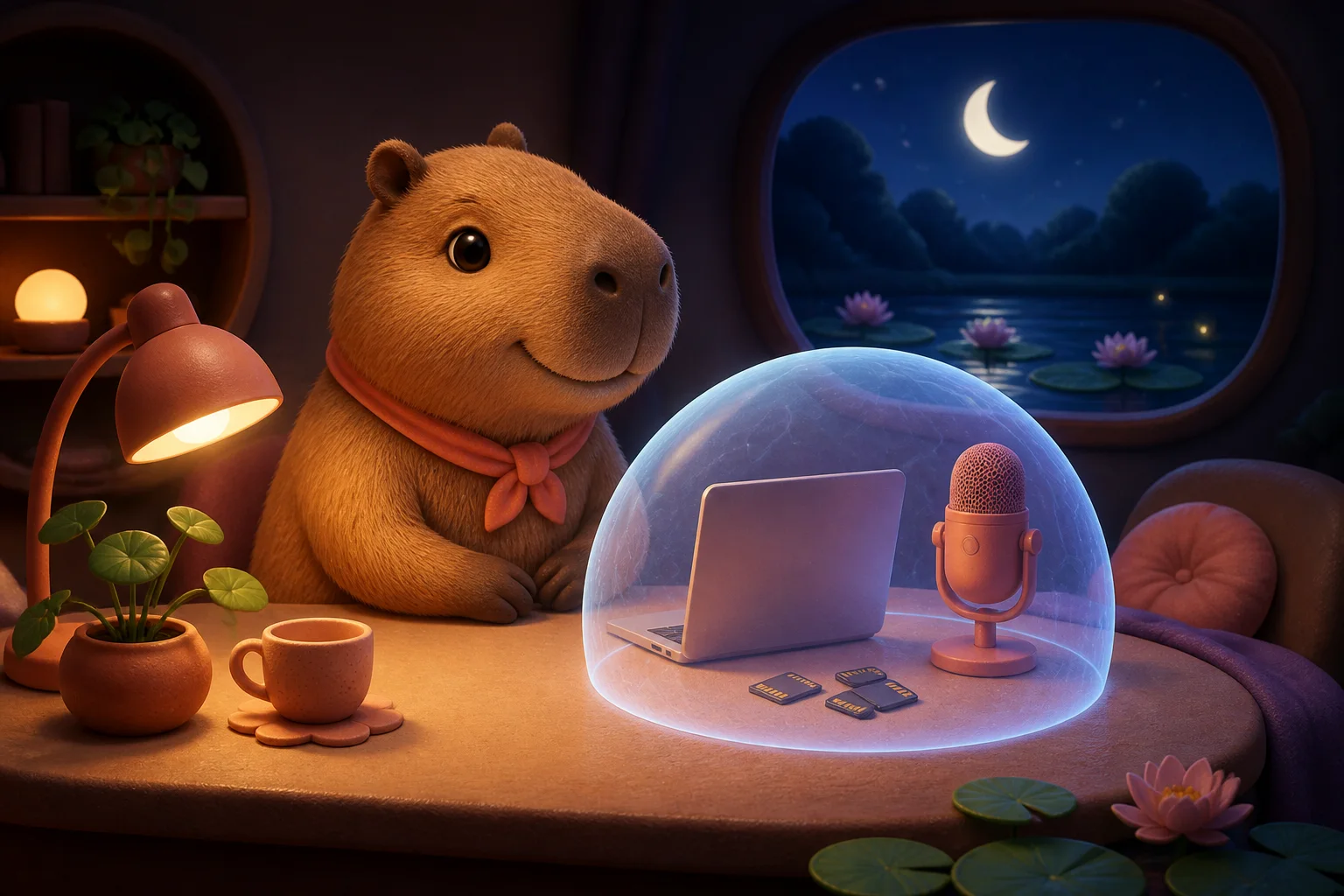 Cappy beside a laptop and microphone protected inside a softly glowing local privacy bubble
